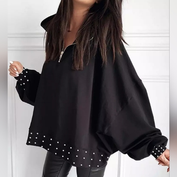 Chic Me Tops - NWOT ChicMe Long-sleeve Oversize Pullover with Zipper and Faux Pearl's - Size M